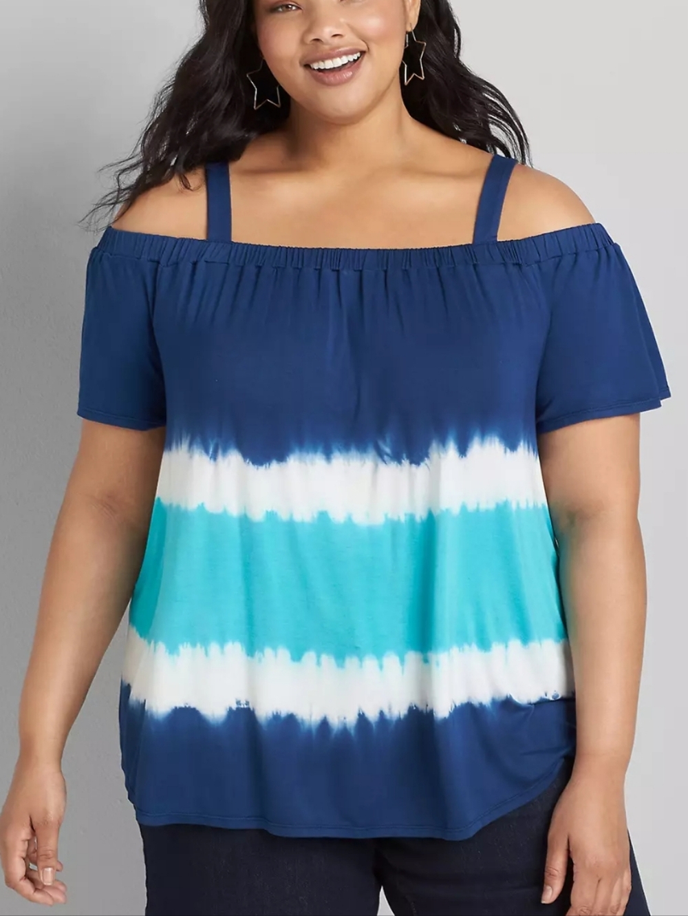 Lane Bryant Navy and Aqua Tie-Dye Off-Shoulder Flutter Sleeve Top